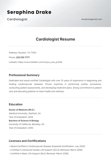 Free Cardiologist Resume Template to Edit Online