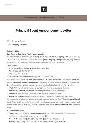 Free Principal Event Announcement Letter Template to Edit Online