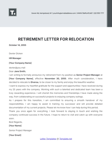 Free Retirement Letter for Relocation Template to Edit Online