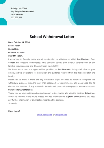 Free School Withdrawal Letter Template to Edit Online