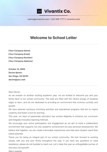 Free Aesthetic Welcome to School Letter Template to Edit Online