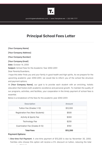 Free Principal School Fees Letter Template to Edit Online