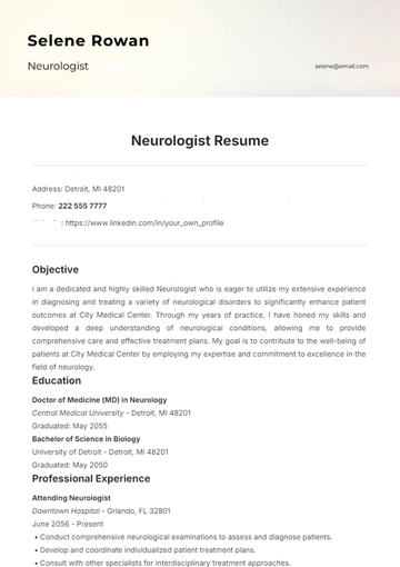 Free Neurologist Resume Template to Edit Online