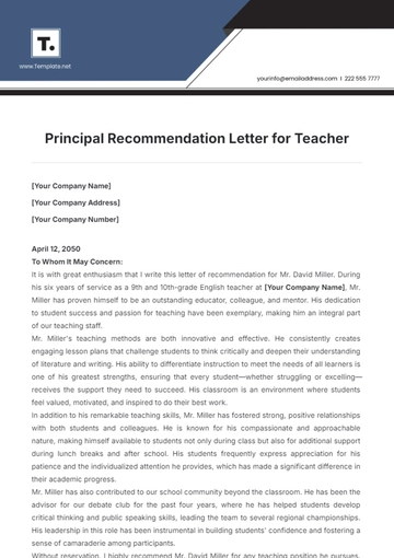 Free Principal Recommendation Letter for Teacher Template to Edit Online