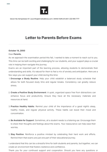 Free Letter to Parents Before Exams Template to Edit Online