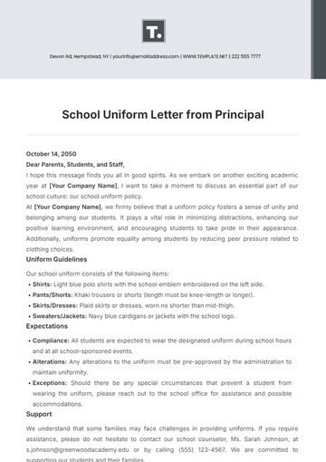 Free School Uniform Letter from Principal Template to Edit Online