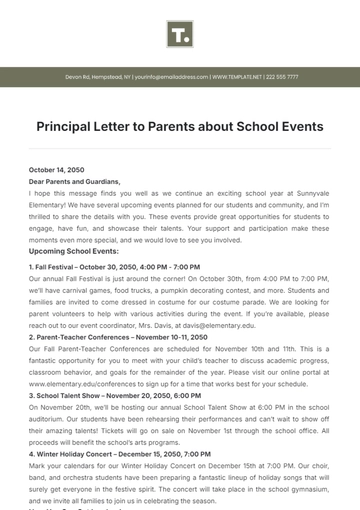 Free Principal Letter to Parents about School Events Template to Edit Online