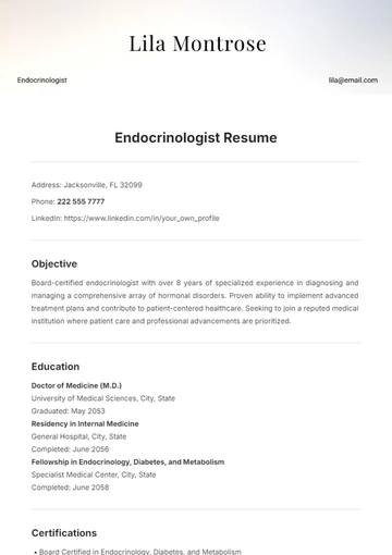 Free Endocrinologist Resume Template to Edit Online