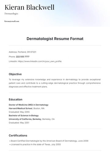 Free Dermatologist Resume Format Template to Edit Online