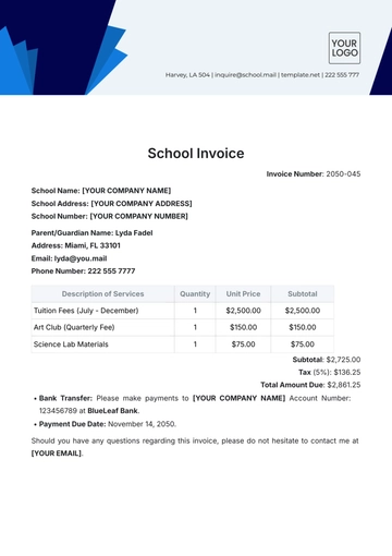 Free School Invoice Template to Edit Online