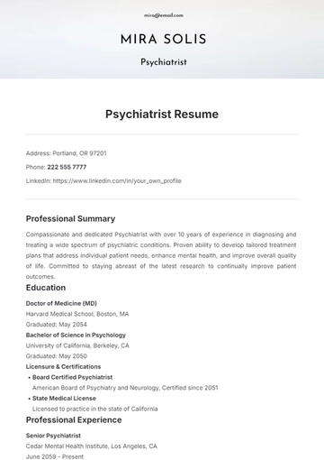 Free Psychiatrist Resume Template to Edit Online