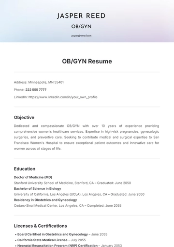Free OB/GYN Resume Template to Edit Online
