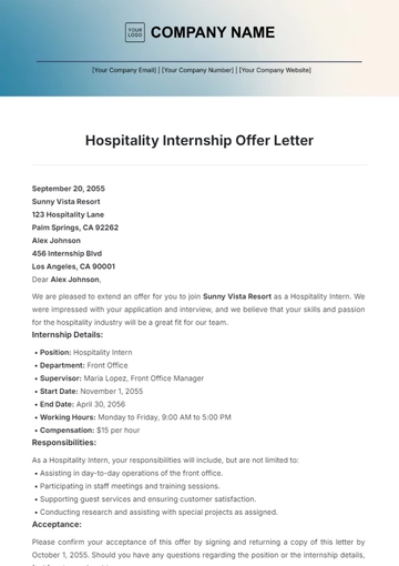 Free Hospitality Internship Offer Letter Template to Edit Online