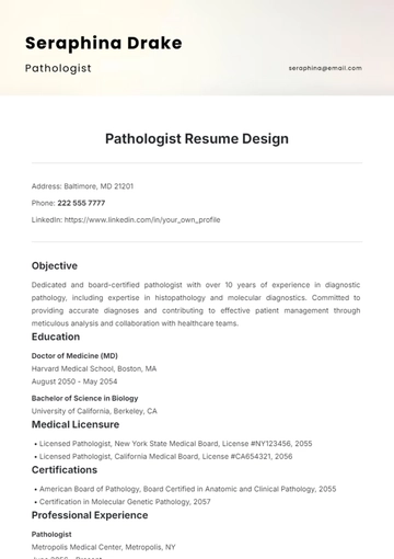 Free Pathologist Resume Design Template to Edit Online
