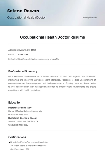 Free Occupational Health Doctor Resume Template to Edit Online