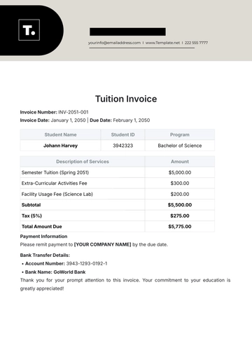 Free Printable Tuition Invoice Template to Edit Online