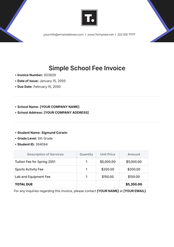 Free Simple School Fee Invoice Template to Edit Online