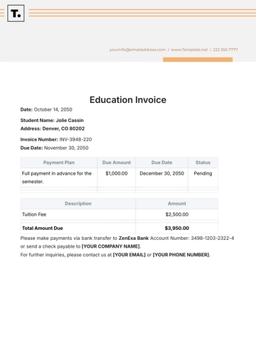 Free Education Invoice Template to Edit Online