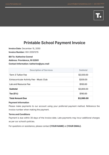 Free Printable School Payment Invoice Template to Edit Online