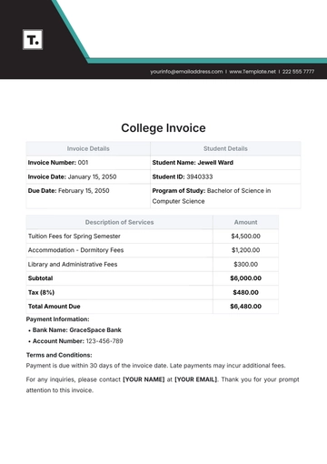 Free College Invoice Template to Edit Online