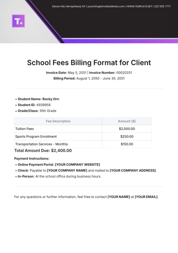 Free School Fees Billing Format for Client Template to Edit Online