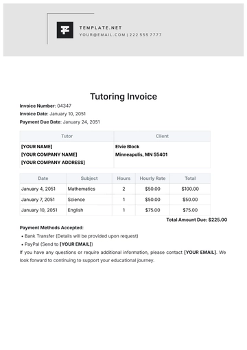 Free Tutoring Invoice Template to Edit Online