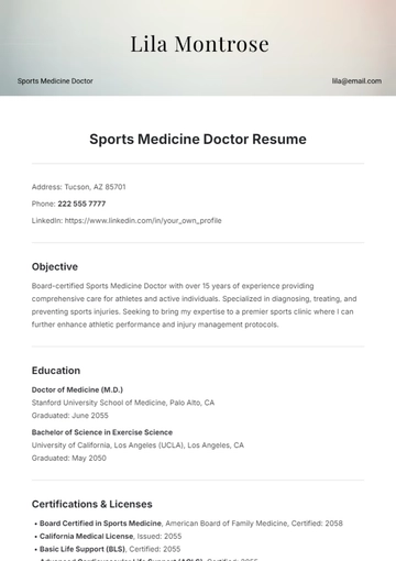 Free Sports Medicine Doctor Resume Template to Edit Online