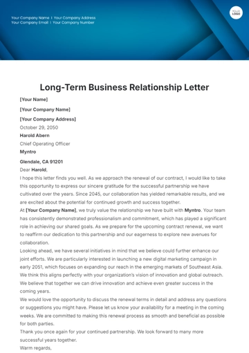 Free Long-Term Business Relationship Letter Template to Edit Online