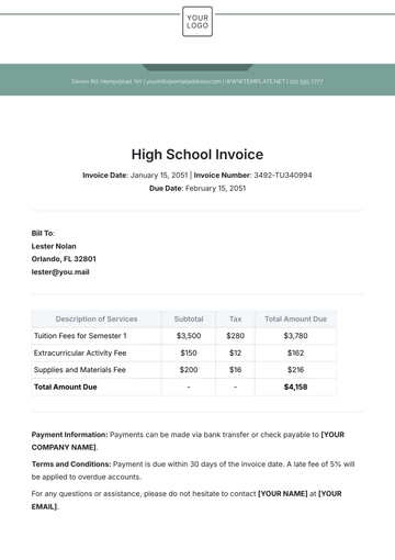 Free High School Invoice Template to Edit Online