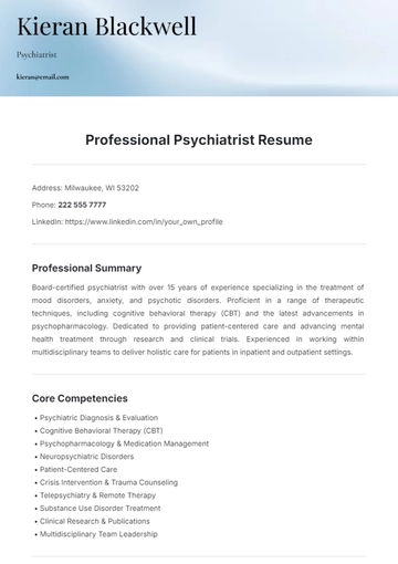 Free Professional Psychiatrist Resume Template to Edit Online