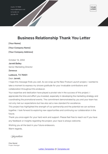 Free Business Relationship Thank You Letter Template to Edit Online