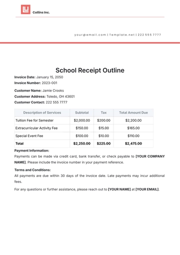 Free School Receipt Outline Template to Edit Online