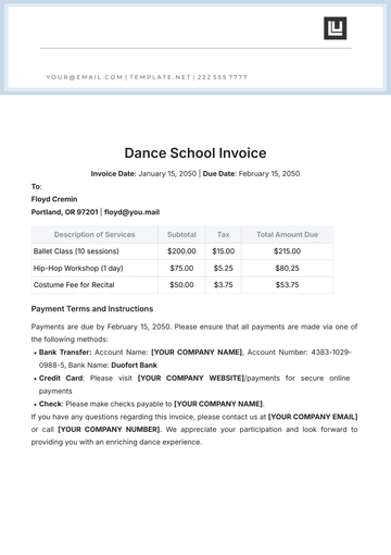 Free Dance School Invoice Template to Edit Online