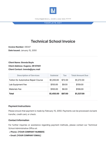 Free Technical School Invoice Template to Edit Online