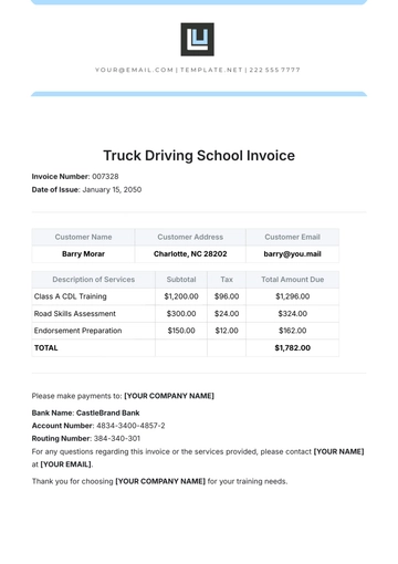 Free Truck Driving School Invoice Template to Edit Online