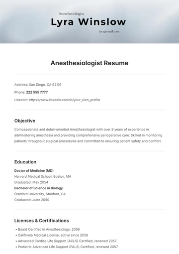 Free Anesthesiologist Resume Template to Edit Online