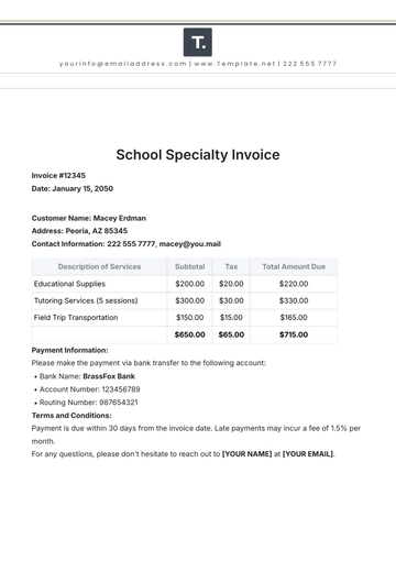 Free School Specialty Invoice Template to Edit Online