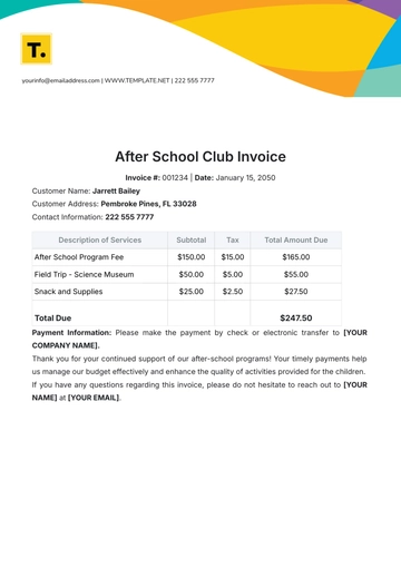 Free After School Club Invoice Template to Edit Online