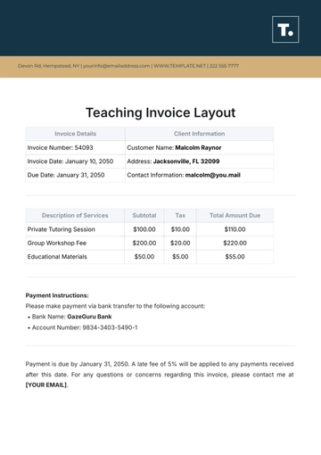 Free Teaching Invoice Layout Template to Edit Online
