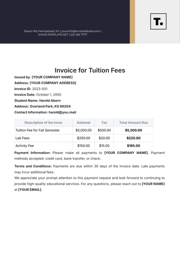 Free Invoice Template for Tuition Fees to Edit Online