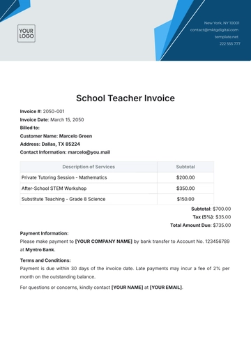 Free School Teacher Invoice Template to Edit Online