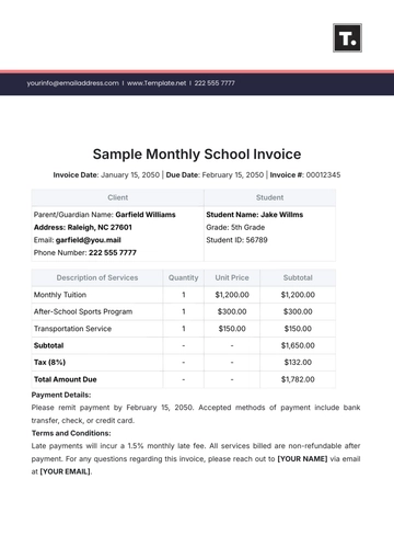 Free Sample Monthly School Invoice Template to Edit Online