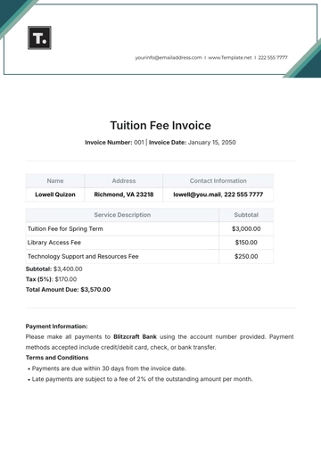 Free Tuition Fee Invoice Template to Edit Online