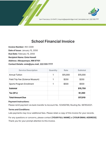 Free School Financial Invoice Template to Edit Online