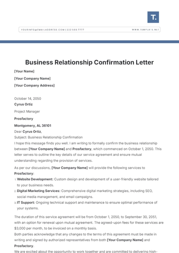 Free Business Relationship Confirmation Letter Template to Edit Online