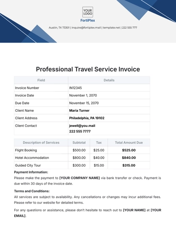 Free Professional Travel Service Invoice Template to Edit Online