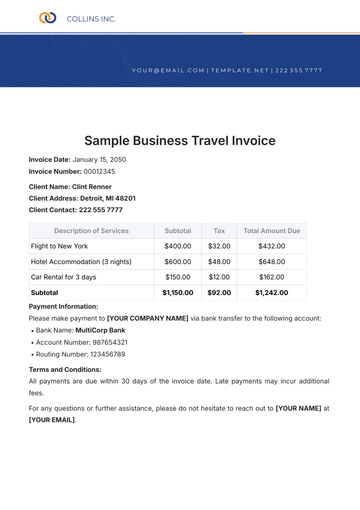 Free Sample Business Travel Invoice Template to Edit Online