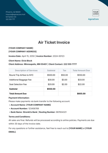 Free Air Ticket Invoice Template to Edit Online