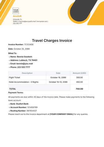Free Travel Charges Invoice Template to Edit Online