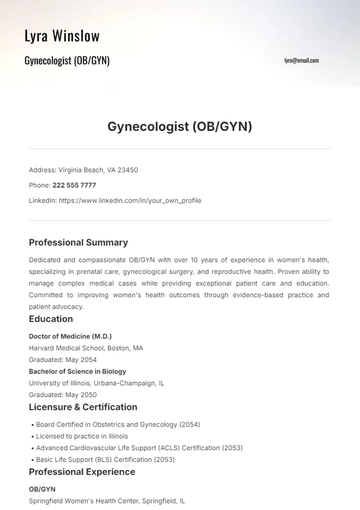 Free Gynecologist (OB/GYN) Resume Template to Edit Online